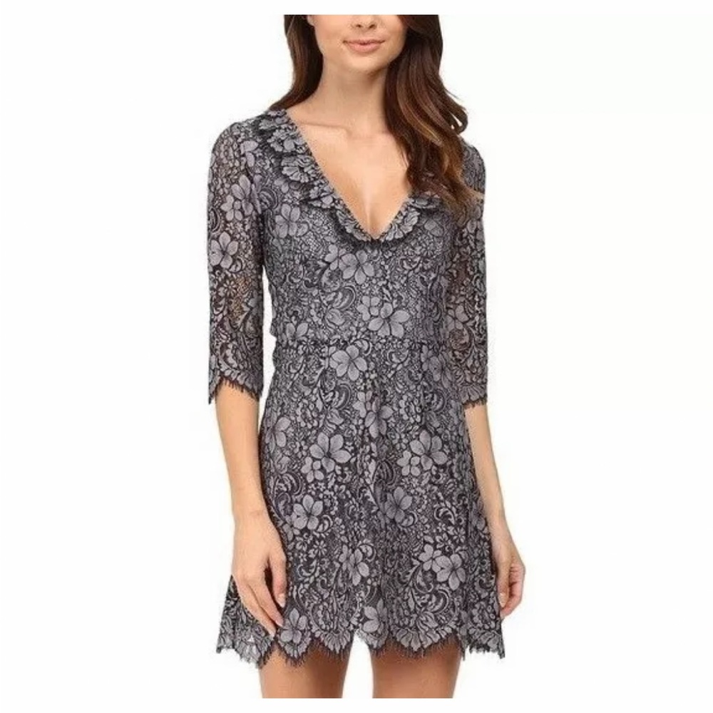 For Love & Lemons Theodora Mini Casual Dress Floral Lace Gray - Picture 3 of 4